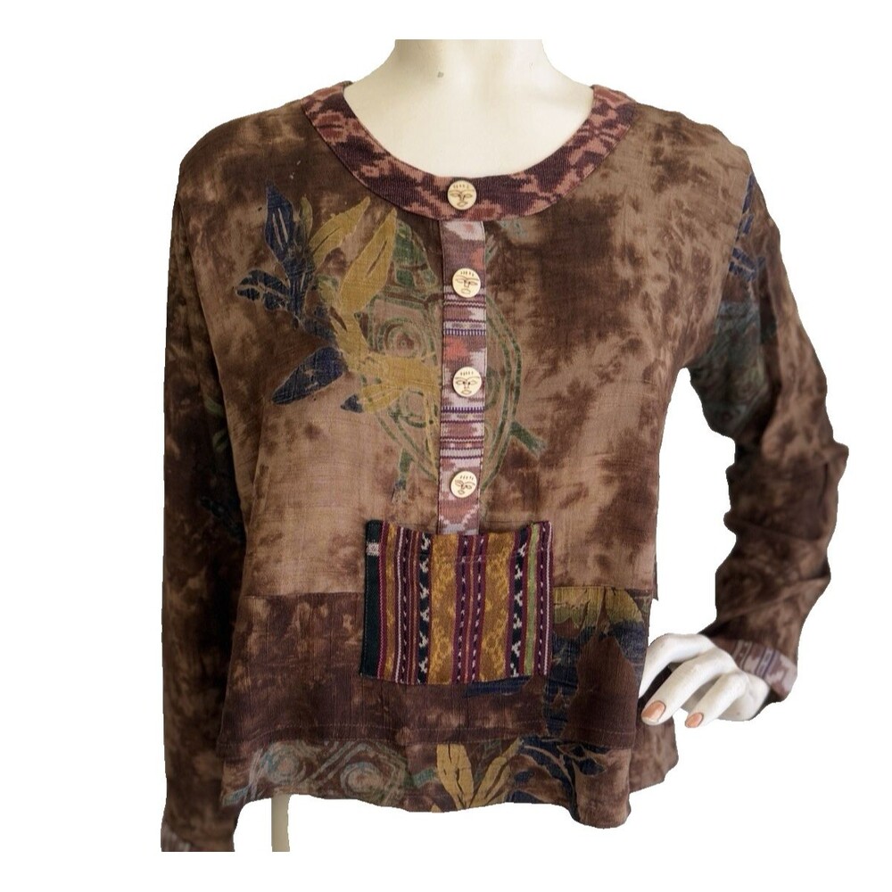 KUSNADI Top Brown Tie Dye Ikat Asian Art to Wear Rayon Linen VTG Size M